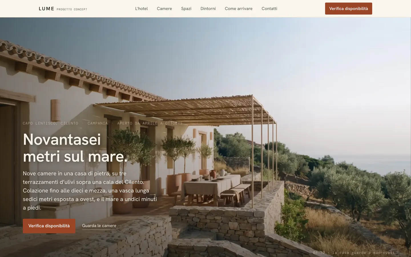 LUME website, opening screen: a stone house with a pergola among olive trees above the sea, an Italian headline meaning “Ninety-six metres above the sea.”, the introduction, the buttons for checking availability and seeing the rooms, and the website navigation.