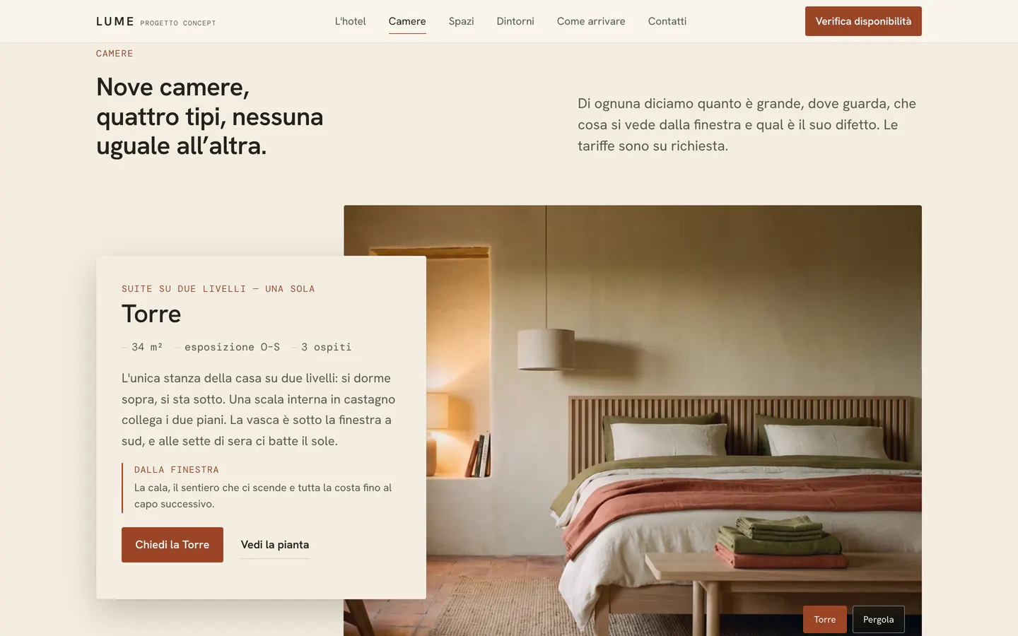 LUME website, rooms section: an Italian headline meaning “Nine rooms, four types, no two alike.”, a short introduction and a photograph of the Torre room.