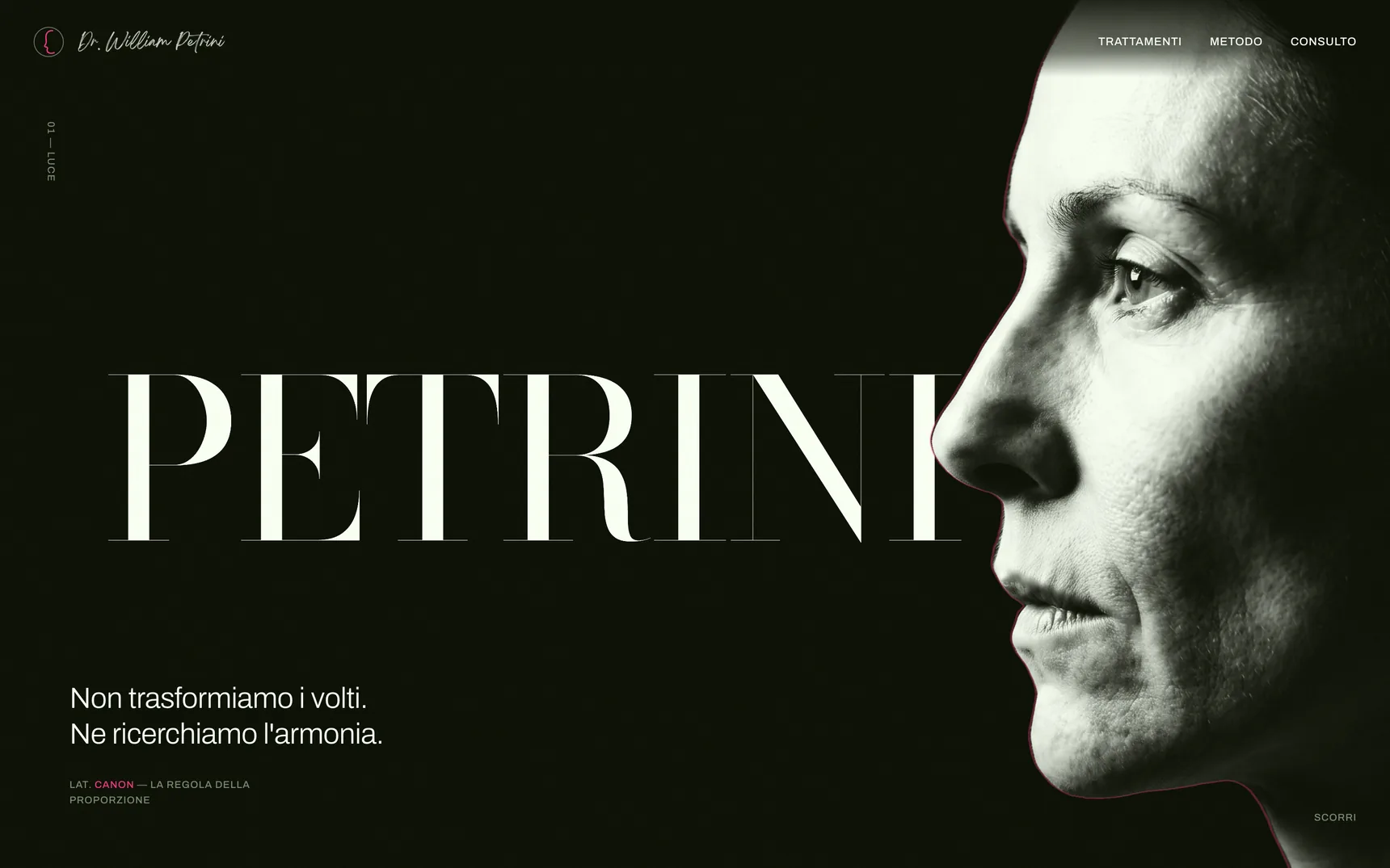 The opening screen of William Petrini’s website: a black-and-white profile on a dark ground, the surname Petrini in large letters and an Italian headline meaning “We don’t transform faces, we seek their harmony.”